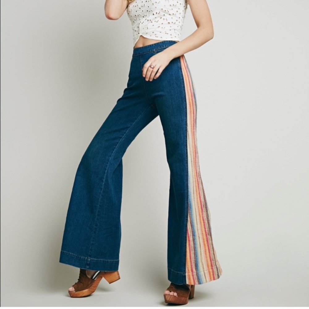 Free people sacred valley blanket flare jeans wide leg 70’s 24 25 26